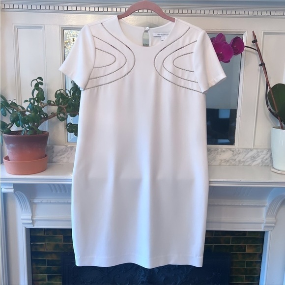 DIANE VON FURSTENBERG White Cecilia Ladder Stitch Short Sleeve Shift Dress Sz 4 - Picture 5 of 16